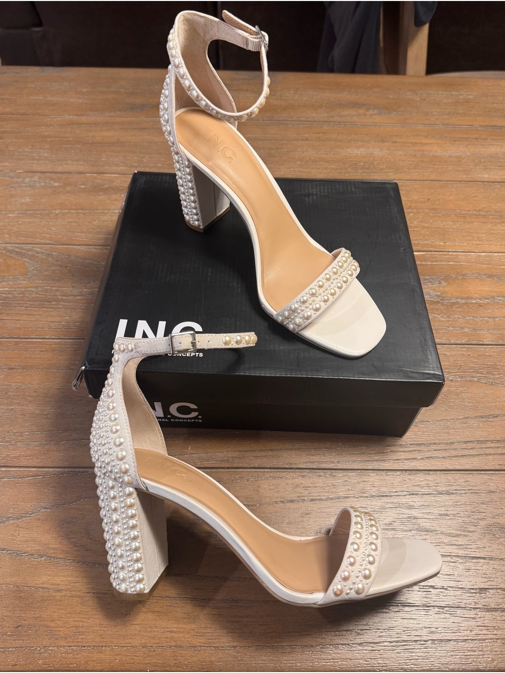 INC International Concepts Pearl-Embellished Block Heel Sandals in Ivory